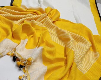 white yellow Linen Saree Handwoven Saree with Zari Border Organic Linen by Linen Sari Handloom Linen Silk Jamdani Sari Party Wear Bridesmaid