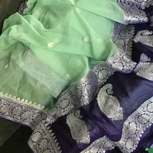 Double shade Banarasi Pure Chiffon georgette Saree Georgette Banarasi Silk Handwoven Saree Designer Weaving Fabric Sari Women Gifts Fabric