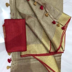 Handloom Linen Saree Handwoven Saree with Zari Border Organic Linen by Linen Sari Handloom Linen Silk Jamdani Sari Party Wear Bridesmaid