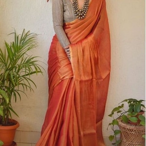 Puro Tessuto Lino Saree Tessuto a Mano Saree Zari Bordo Lino Organico da Lino Sari Tessuto Telaio a Mano Saree Jamdani Sari Party Wear Damigella d'onore