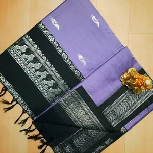 Lavender Cotton Silk Saree with Black Border Designner Indian Saree Wedding Party Wear REadymada Blouse Handloom Sari Party Wear Bridesmaid