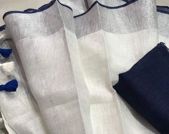 White & Blue Linen Saree Handwoven Saree with Zari Border Organic Linen by Linen Sari Handloom Linen Silk Jamdani Sari Party Wear Bridesmaid