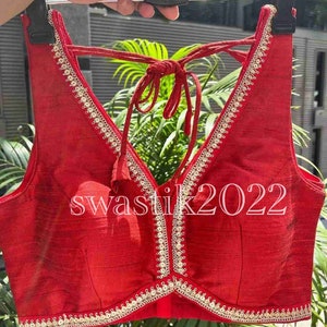 Bright Red soft Silk V neck Blouse Designer Blouse Indian Readymade Sari Top Bollywood Sari Choli Party blouse handicraft festive Bridesmaid