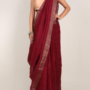 Bellissimo sari in lino, sari tessuto a mano con bordo Zari, lino biologico di Linen Sari, lino e seta, sari Jamdani, abito da festa, damigella d'onore