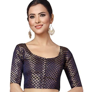 Navy Blue Brocade Silk Blouse Designer Blous Indian Readymade Sari Top Bollywood Sari Choli Party wear blouse handicraft festive Bridsmaid