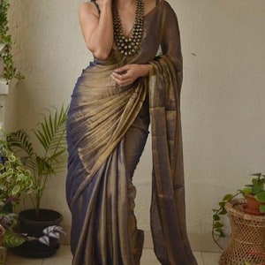Puro Tessuto Lino Saree Tessuto a Mano Saree Zari Bordo Lino Organico da Lino Sari Tessuto Telaio a Mano Saree Jamdani Sari Party Wear Damigella d'onore
