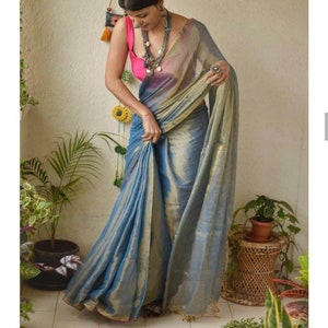 Puro Tessuto Lino Saree Tessuto a Mano Saree Zari Bordo Lino Organico da Lino Sari Tessuto Telaio a Mano Saree Jamdani Sari Party Wear Damigella d'onore