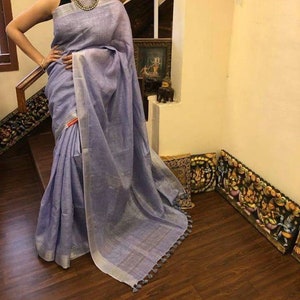 Bellissimo Saree di lino Saree intrecciato a mano con bordo Zari Lino organico di Linen Sari Handloom Seta di lino Jamdani Sari Abbigliamento da festa Damigella d'onore