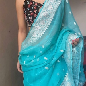 Firozi Blue Banarasi Pure Chiffon georgette Saree Georgette Banarasi Silk Handwoven Saree Designer Weaving Fabric Sari Women Gifts Fabric