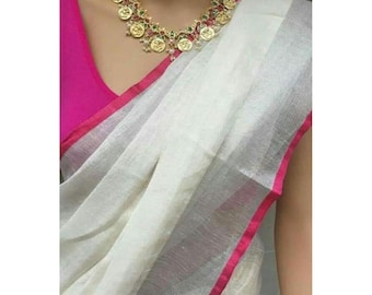 Beautiful Linen Saree Handwoven Saree with Zari Border Organic Linen by Linen Sari Handloom Linen Silk Jamdani Sari Party Wear Bridesmaid