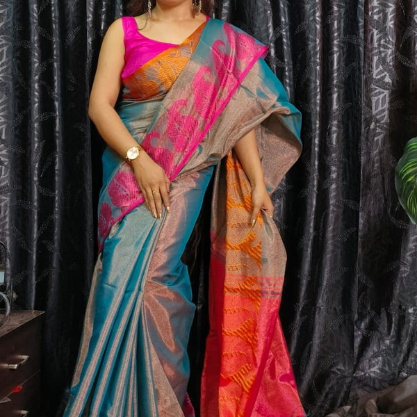 Nouvelle arrivée Kolka Design tissu tissage à la main Saree avec chemisier pièce tissé à la main Saree bio Sari mariage sari fête porter demoiselles d'honneur haut