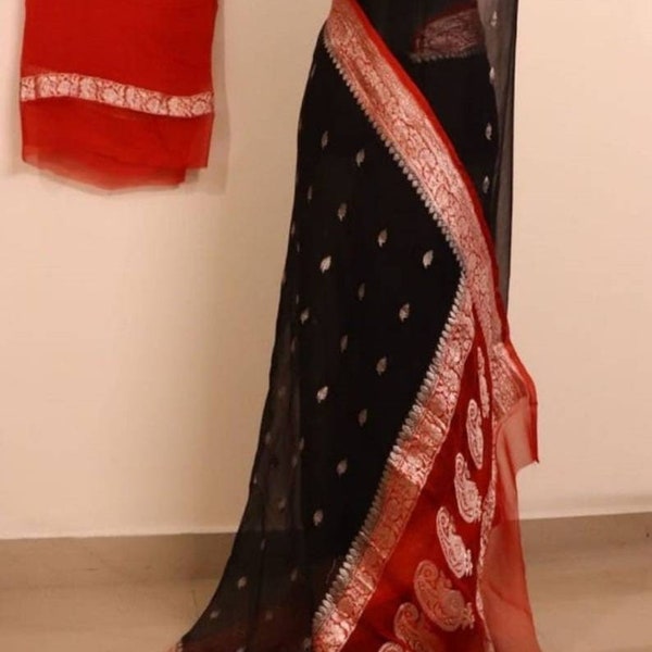 Black & Red Banarasi Pure Chiffon georgette Saree Georgette Banarasi Silk Handwoven Saree Designer Weaving Fabric Sari Women Gifts Fabric