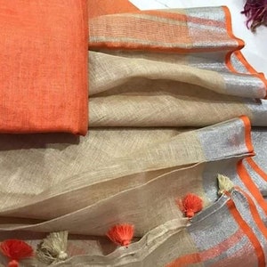 Bella biancheria Saree tessuta a mano Saree con Zari Border Organic Linen by Linen Sari Handloom Linen Silk Jamdani Sari Party Wear Bridesmaid