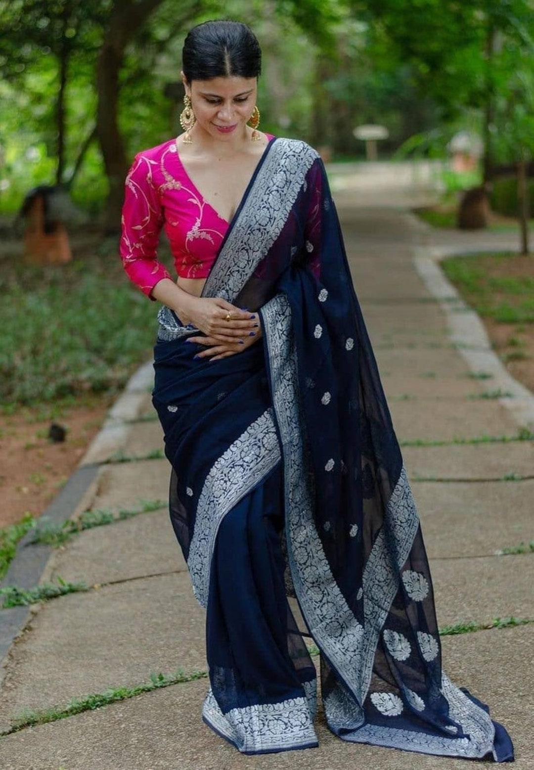 Navy Blue Banarasi Pure Chiffon Georgette Saree Georgette Banarasi