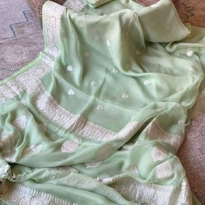 Pastel Green Banarasi Pure Chiffon georgette Saree Georgette Banarasi Silk Handwoven Saree Designer Weaving Fabric Sari Women Gifts Fabric