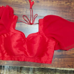 Red Plain Silk Blouse With Frill Sleeves Indian Readymade Sari Top Bollywood Sari Choli Party wear blouse handicraft festive Bridsmaids