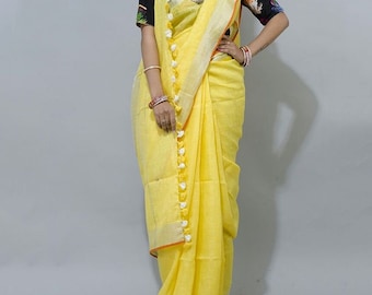 Beautiful Linen Saree Handwoven Saree with Zari Border Organic Linen by Linen Sari Handloom Linen Silk Jamdani Sari Party Wear Bridesmaid
