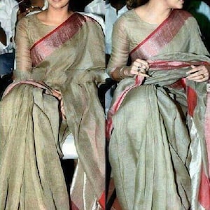 Bella biancheria Saree tessuta a mano Saree con Zari Border Organic Linen by Linen Sari Handloom Linen Silk Jamdani Sari Party Wear Bridesmaid