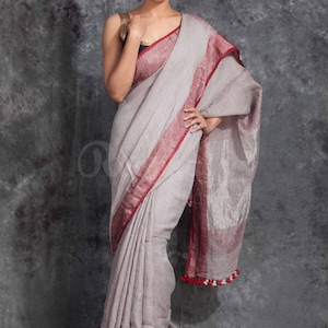 Bella biancheria Saree tessuta a mano Saree con Zari Border Organic Linen by Linen Sari Handloom Linen Silk Jamdani Sari Party Wear Bridesmaid