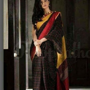 Lino nero Saree tessuto a mano Saree con Zari Border Organic Linen by Linen Sari Handloom Linen Silk Jamdani Sari Party Wear Bridesmaid