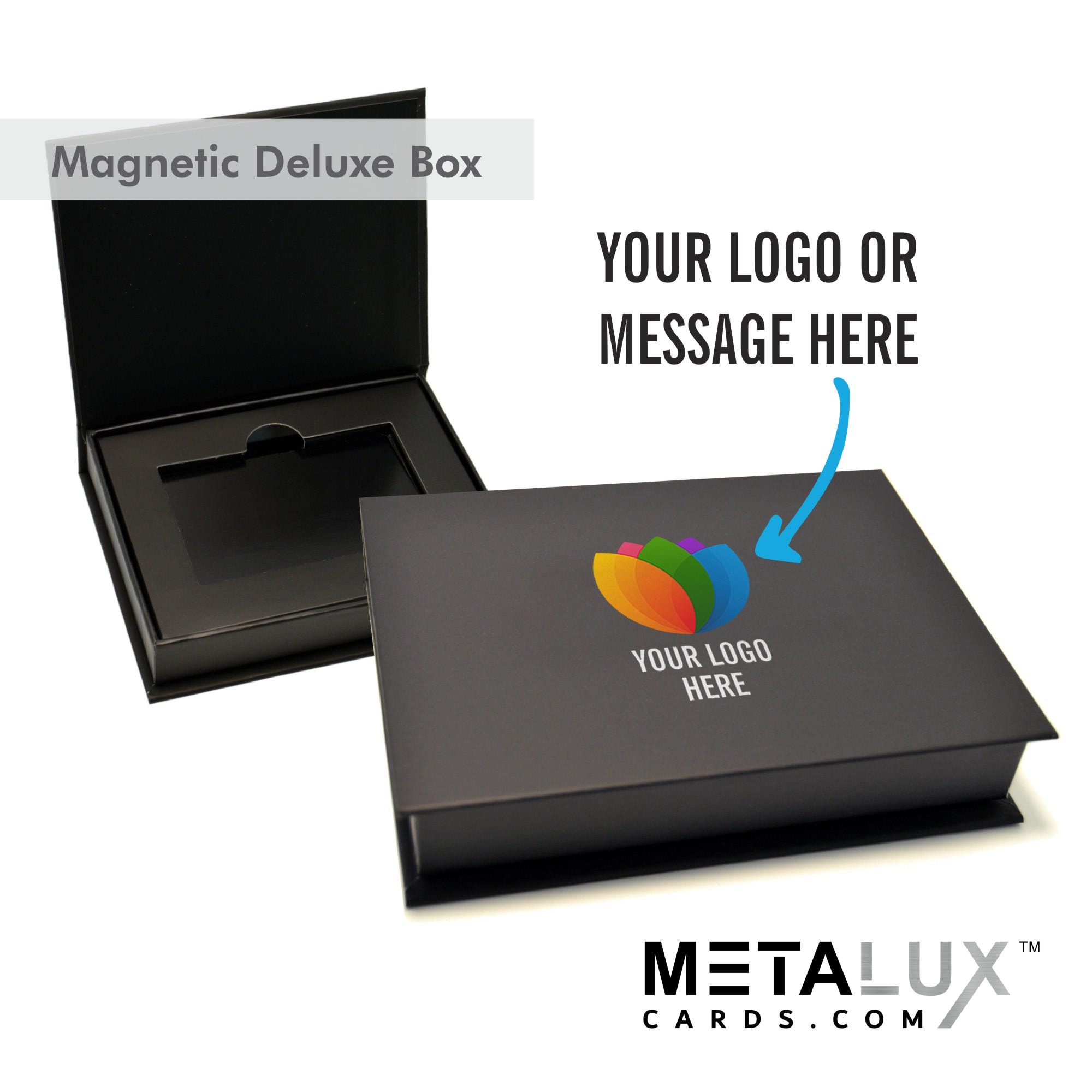Deluxe Monaco Magnetic Boxes Card Holder – Holds our high end Metal Cards, and any Credit Card or Gift Card size – Custom Printed Box