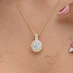 1.67 CT Round Lab Grown Diamond Pendant, Wedding Pendant Necklace For Women, Yellow Gold Solitaire Diamond Halo Pendant, Valentine