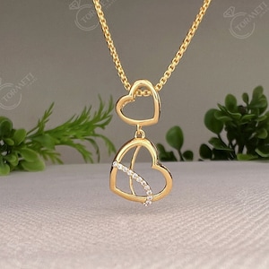 Classic Diamond Pendant / Silver Cubic zirconia Diamond Pendant / Past Present Future / Prong Setting 2 Heart Shape / Gift For Valentine Day