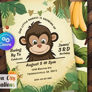 Editable Monkey Themed Birthday Invite Monkey Invitation Birthday Party Invite Jungle Monkey Digital Invite Printable Canva Template