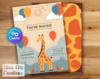 Editable Giraffe Themed Birthday Invite Giraffe Invitation Birthday Party Invite Safari Giraffe Digital Invite Printable Canva Template