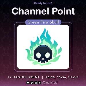 Puede incluir: Icono de punto de canal de calavera de fuego verde. La calavera es negra con ojos blancos y está rodeada de llamas verdes. El texto "Green Fire Skull" está encima del icono. El texto "1 CHANNEL POINT | 28x28, 56x56, 112x112" está debajo del icono. El texto "@mondruid" está debajo del texto.
