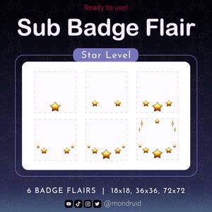 May include: Six different star level badges for use on social media. The badges are in various sizes, including 18x18, 36x36, and 72x72 pixels. The badges feature gold stars on a white background.