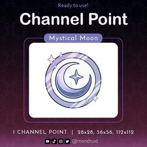 Puede incluir: Una luna creciente de color morado y blanco con una estrella en su interior, rodeada de estrellas más pequeñas, sobre un fondo blanco. El texto "Mystical Moon" está por encima de la imagen y "1 CHANNEL POINT | 28x28, 56x56, 112x112" está debajo de la imagen.
