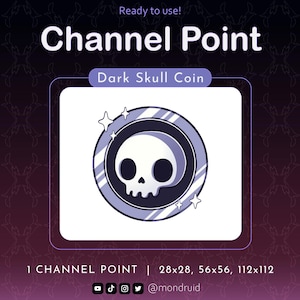May include: A digital graphic featuring a dark skull coin design. The coin is circular with a white skull in the center, surrounded by a silver border and accented with stars. Text reads "Channel Point" and "Dark Skull Coin".