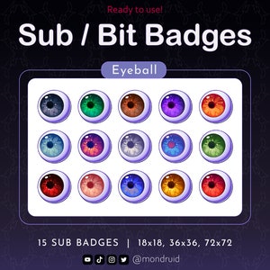Peut inclure: Un ensemble de 15 badges d'œil colorés dans différentes couleurs, notamment le bleu, le vert, le rouge, l'orange, le violet et le jaune. Les badges sont conçus pour être utilisés comme badges d'abonné Twitch ou YouTube. Le texte "15 SUB BADGES | 18x18, 36x36, 72x72" et le nom de profil sur les réseaux sociaux "@mondruid" sont inclus dans l'image.