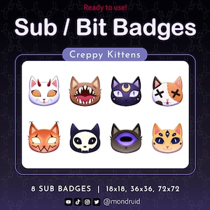 May include: Eight creepy cat-themed Twitch sub badges in various sizes, including 18x18, 36x36, and 72x72 pixels. The badges feature different cat faces with spooky details like glowing eyes, fangs, and crossbones.