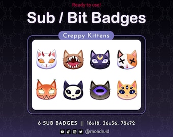 8 Sub & Bit Badges | Creppy Kittens | Twitch | Youtube | Discord | Streamer Resources | Halloween Dark | Goth Magic Cute