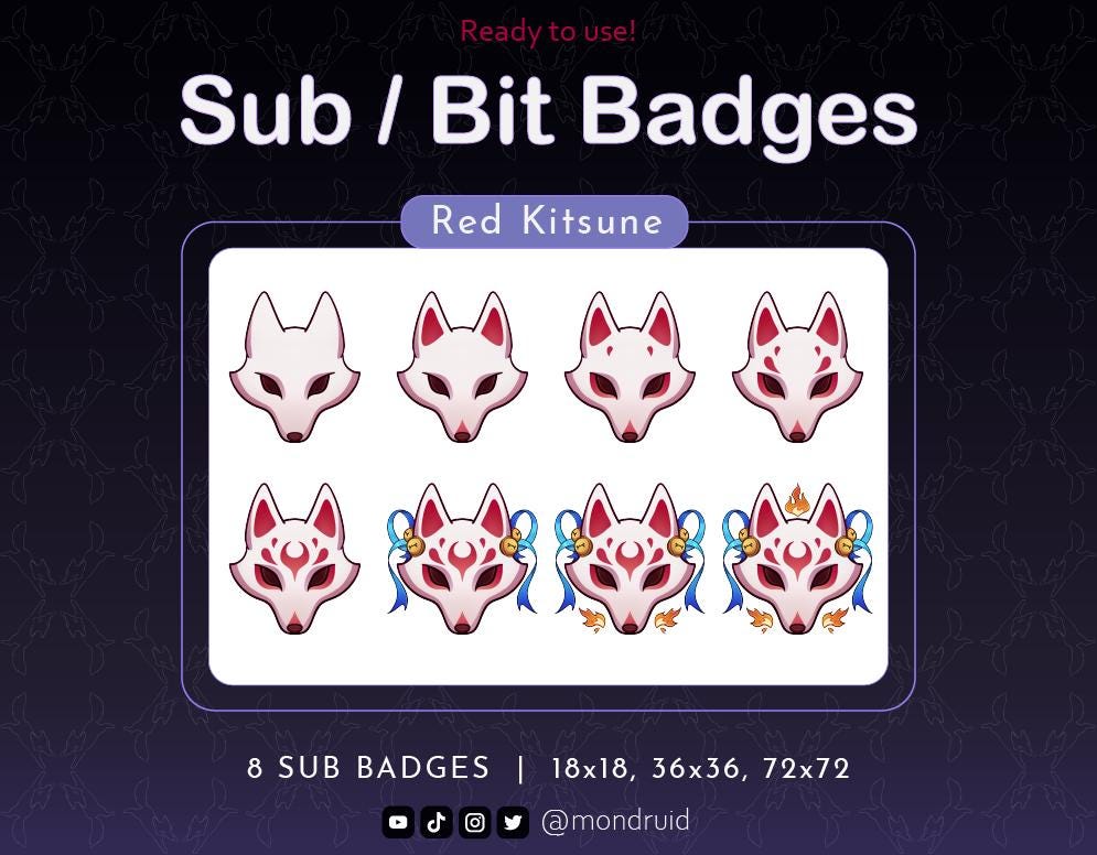8 Sub & Bit Badges | Red Kitsune | Twitch | Youtube | Discord | Streamer Resources | Yokai Fox