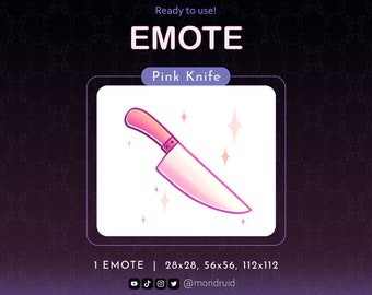 May include: Pink knife emoji with sparkles. The knife is in a white square with a pink outline. The text "EMOTE" is above the square and "Pink Knife" is below the square. The text "1 EMOTE | 28x28, 56x56, 112x112" is below the square. Social media icons are below the text.