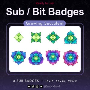 8 Sub & Bit Badges | Growing Succulent | Twitch | Youtube | Discord | Streamer Resources | Cute Plants | 8