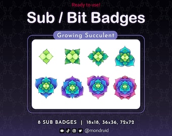 8 Sub & Bit Badges | Growing Succulent | Twitch | Youtube | Discord | Streamer Resources | Cute Plants | 8