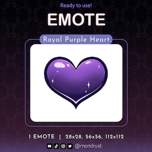 May include: A purple heart-shaped emote with a glossy finish and sparkling highlights. The emote is on a white background.