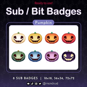 8 Sub & Bit Badges | Pumpkin | Twitch | Youtube | Discord | Streamer Resources | Halloween Goth | Spooky Dark