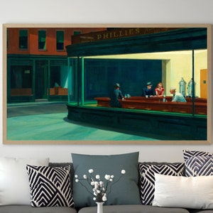 Mid Century Painting "Nighthawks" by Edward Hopper. Printable American Art. A Diner on Urban Streetscape at Night. Kitchen Wall Art.