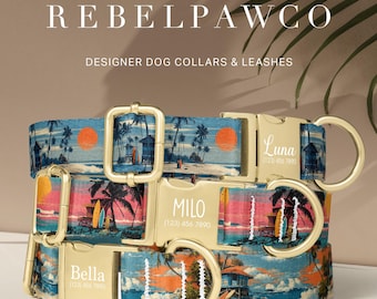 May include: Designer dog collars with a beach-themed pattern featuring palm trees, surfboards, and sunsets. The collars have gold-colored metal hardware and are personalized with names and phone numbers. The brand name "REBELPAWCO" is at the top.