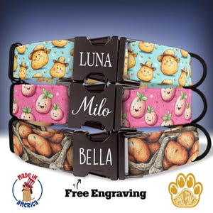 May include: Three dog collars with different patterns and personalised names: Luna, Milo, and Bella. The collars are made of fabric and have a black metal buckle with free engraving.