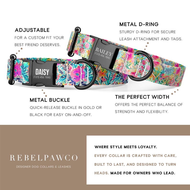 May include: Two floral dog collars with black metal hardware. One collar is labeled "BAILEY" and the other "DAISY", each with a phone number. The collars feature adjustable straps, metal D-rings, and quick-release buckles. The text reads "REBELPAWCO Designer Dog Collars & Leashes."