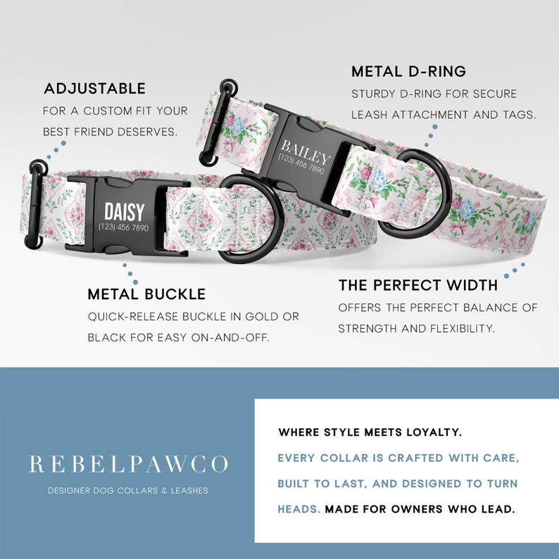 Floral dog collar designed for comfort and durability with strong hardware and a clean adjustable fit. The soft pink and blue color palette creates a feminine and preppy look, making it a stylish choice for dog owners who love classic floral patterns and coordinated accessories.