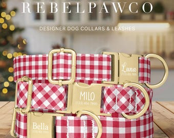Christmas Gingham Dog Collar Personalized, Christmas Buffalo Plaid Dog Collar Leash Set, Custom Dog Collar Adjustable, Metal Buckle, HC203