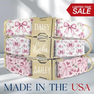 Peut inclure: Trois colliers personnalisés pour chiens avec boucles dorées. Les colliers présentent des motifs floraux et de nœuds roses et blancs. Chaque boucle est gravée du nom d'un chien : Daisy, Lola et Bailey. Le texte "MADE IN THE USA" est visible.