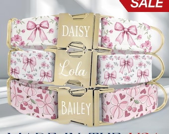 Dog Mom Special, Hearts and Bows Dog Collar, Coquette Dog Collar Personalized, Custom Girly Girl Dog Collar, Matching Collar and Leash, HC67